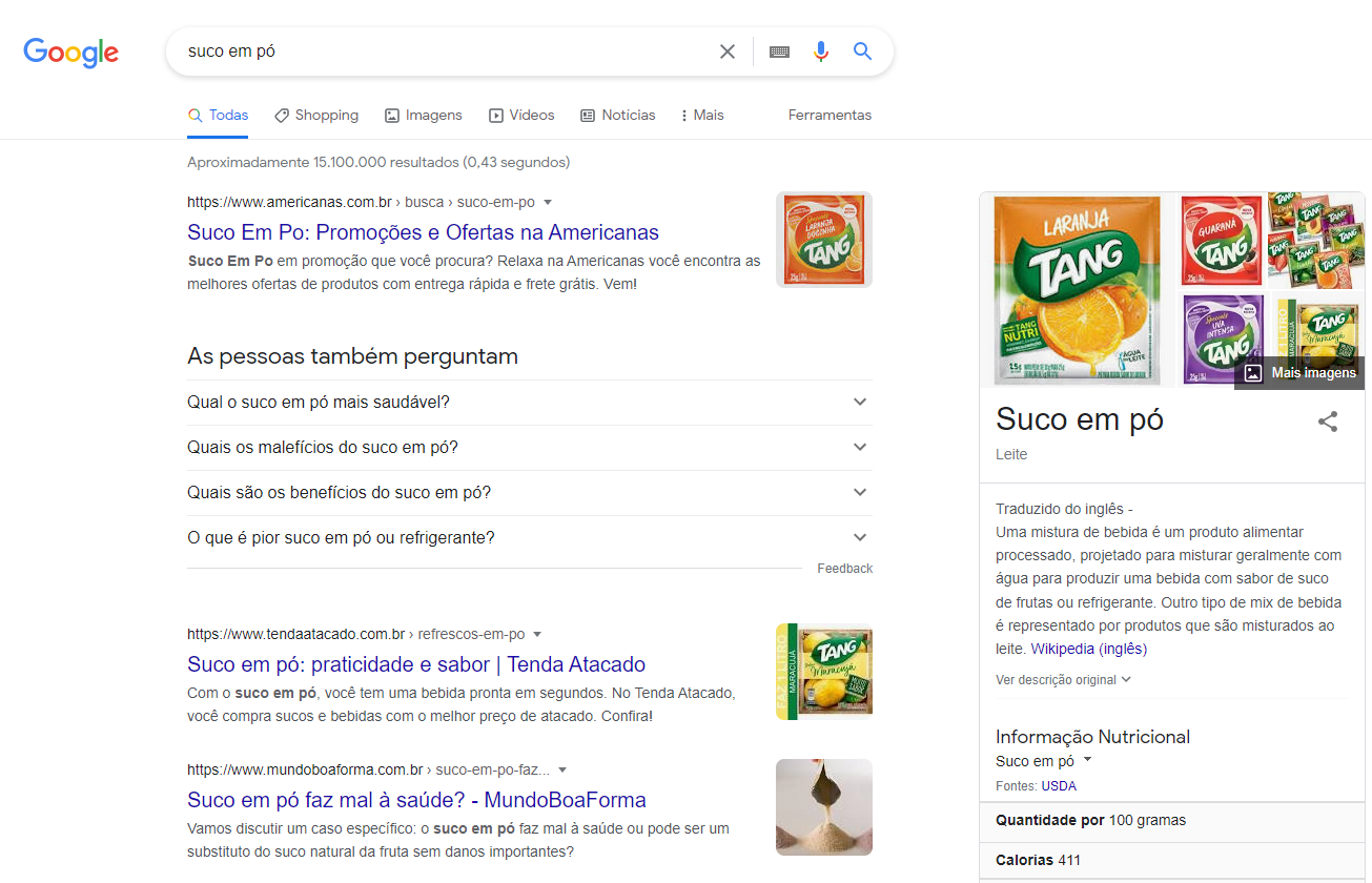 Página de resultados do Google para suco em pó