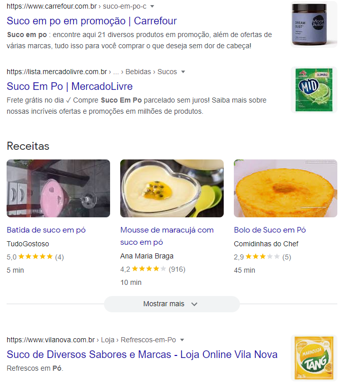 Bloco de receitas e e-commerces no Google para suco em pó